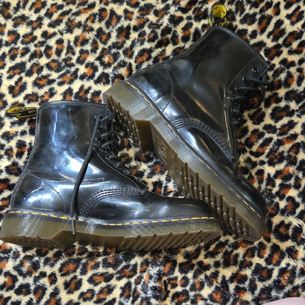 Dr. Martens Black Patent Leather Lace-Up Ankle Boots with Yellow Stitching - Picture 5 of 6